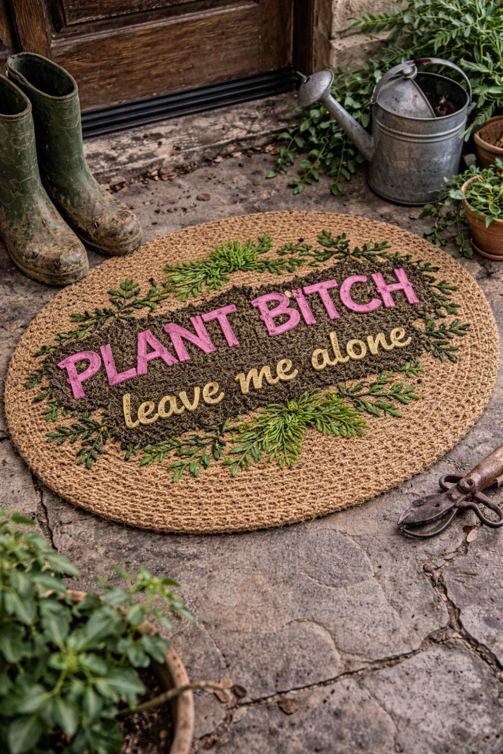 Jute doormat reading leave me alone