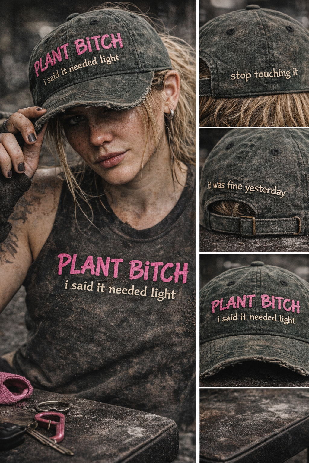 Plant Bitch washed green hat with stop touching it back detail