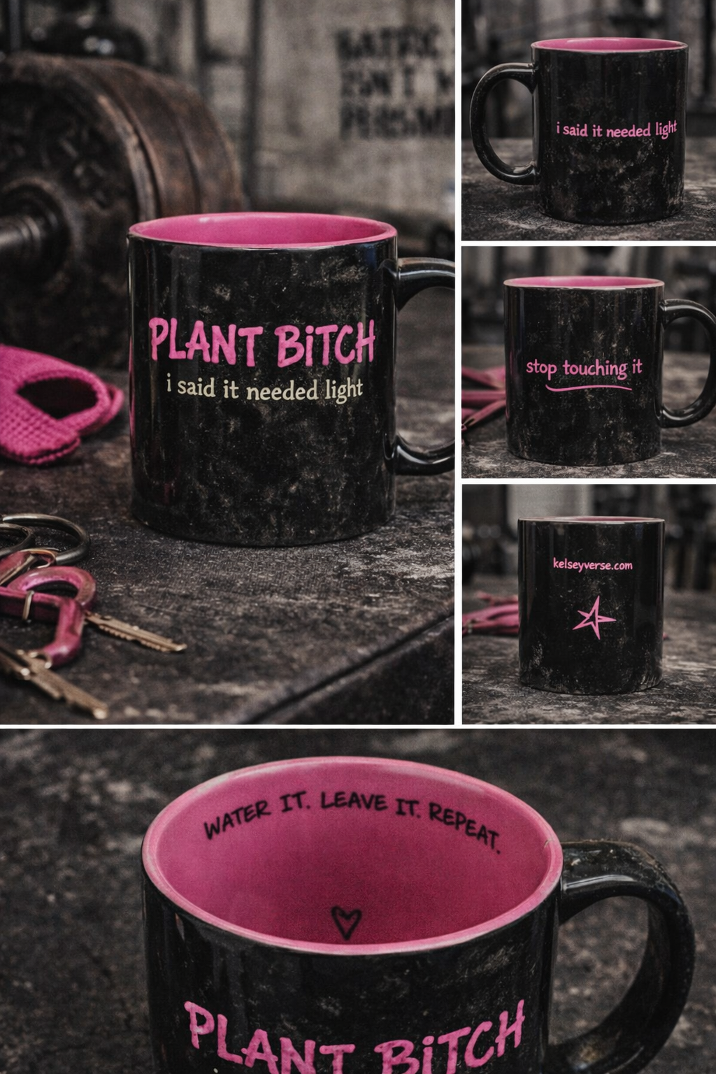 Plant Bitch black mug with pink interior reading water it leave it repeat
