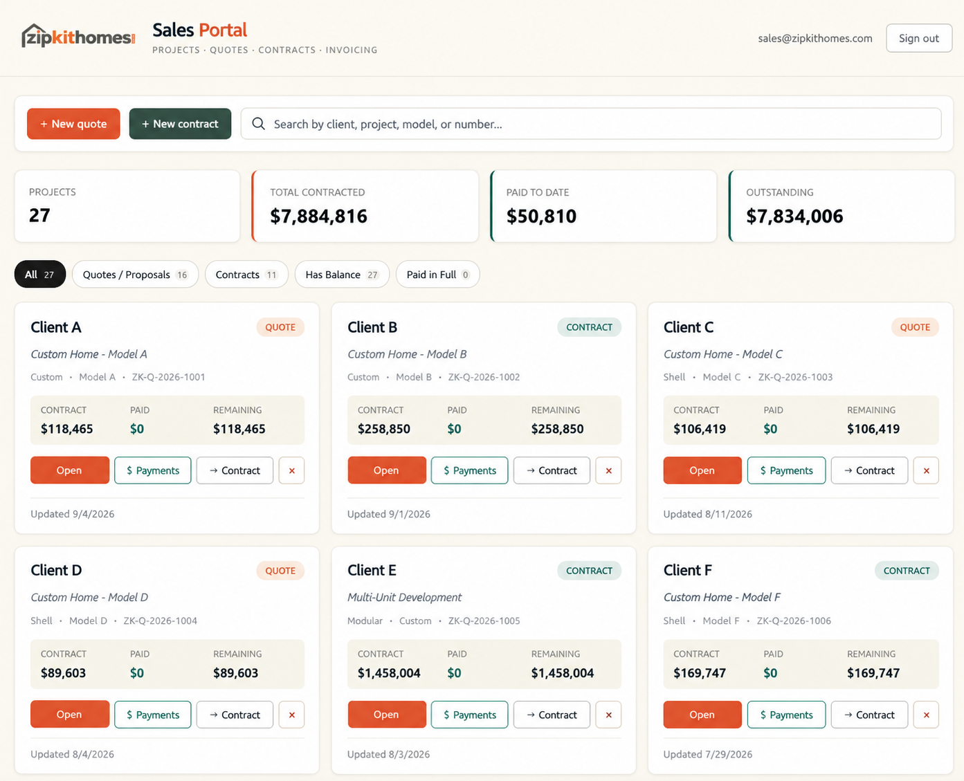 ZipKit Quoting Tool — main interface